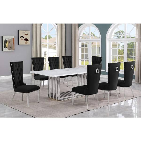 Best Quality Furniture Lisa 9-Piece Rectangular White Marble Top Stainless Steel Base Dining Set With 8-Black Velvet Fabric Chairs