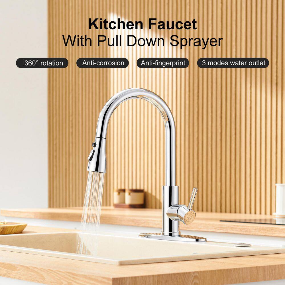 Chrome Stainless Steel Single Handle Pull Down Kitchen Faucet
