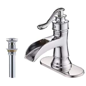 Waterfall Single Hole Single-Handle Low-Arc Bathroom Faucet With Pop-up Drain Assembly in Polished Chrome