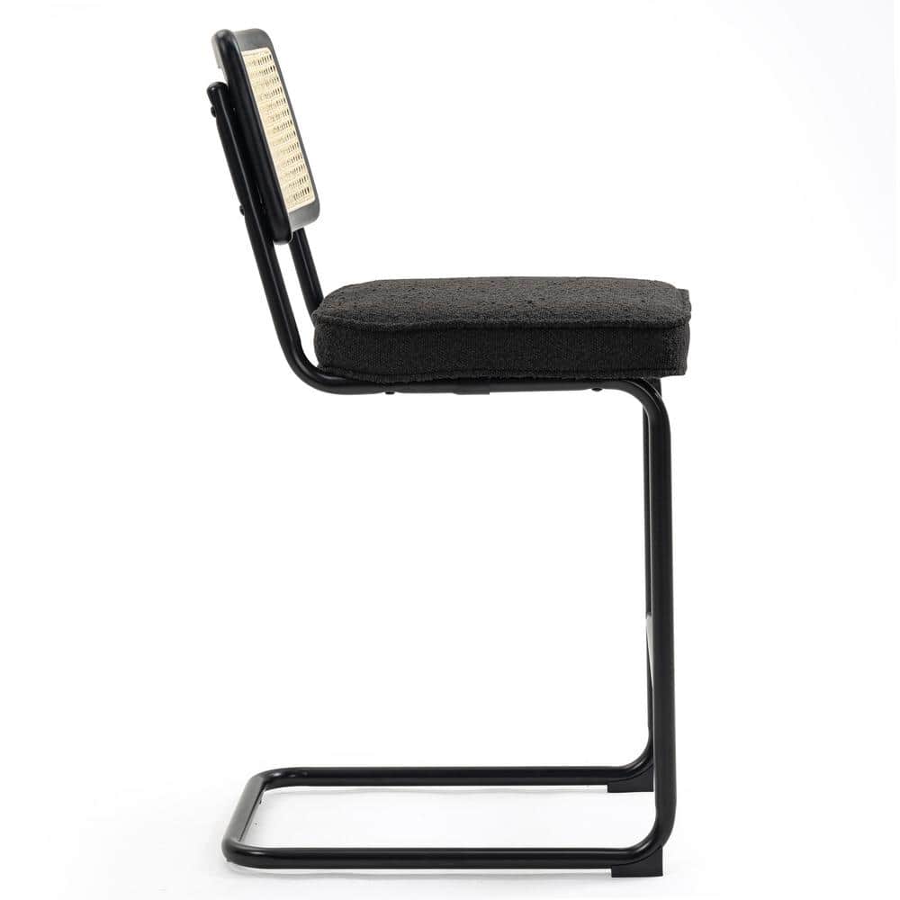 Ayers Black Boucle Fabric and Steel Counter Stool with Rattan Backrest