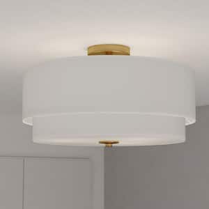 Burnaby 20.5 in. W Brass Mid-Century Modern Drum Semi-Flush Mount Ceiling Light White Linen