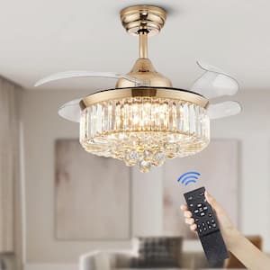 Modern 36 in. LED Gold Indoor Crystal Ceiling Fan with Light Retractable Blades Ceiling Fan with Remote APP Control