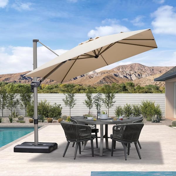 PURPLE LEAF 9 ft. Square Outdoor Patio Cantilever Umbrella Light Champagne Aluminum Offset 360° Rotation Umbrella with Base, Beige