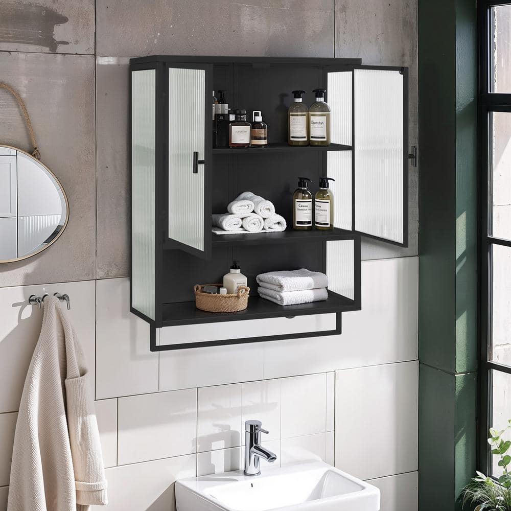 23.6 in. W x 9 in. D x 30.7 in. H Bathroom Storage Wall Cabinet in Black wi