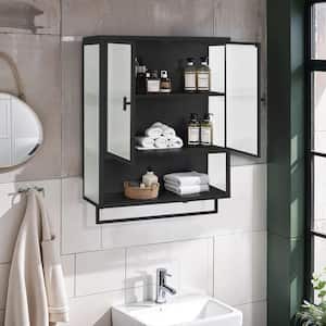 23.6 in. W x 9 in. D x 30.7 in. H Bathroom Storage Wall Cabinet in Black with Open Shelf and Towel Rack Accent Cabinet