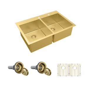 33 in. Drop-In Double Bowl 18-Gauge Gold Stainless Steel Kitchen Sink with Accessories