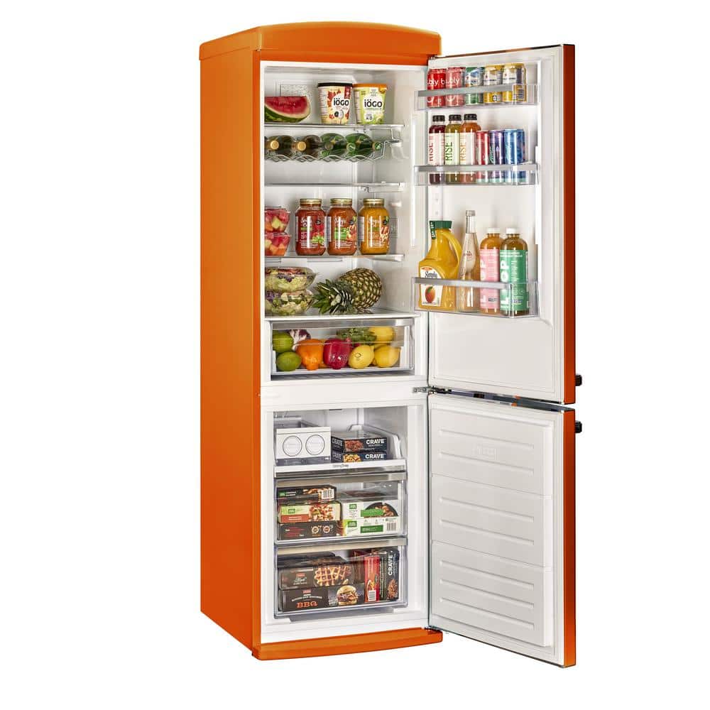 Creamsicle Orange Retro Bottom Freezer Refrigerator with Chrome Handles