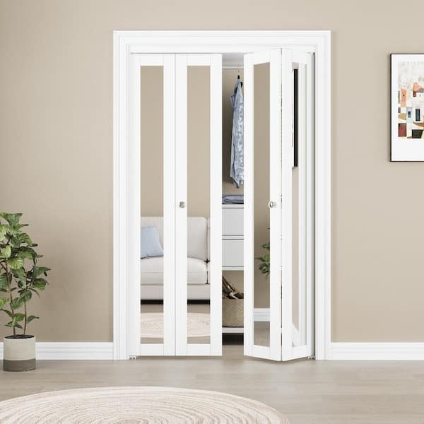 56 in. x 80 in. 1-Lite Mirrored Glass Solid Core White Primed MDF Closet Bi-Fold Door with Hardware Kit