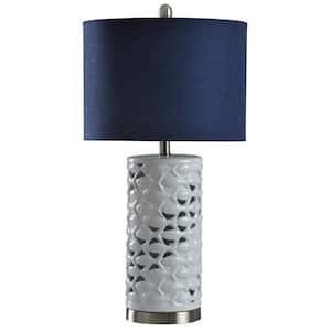 27 in. White/Silver/Sand Table Lamp with Navy Blue Hardback Fabric Shade