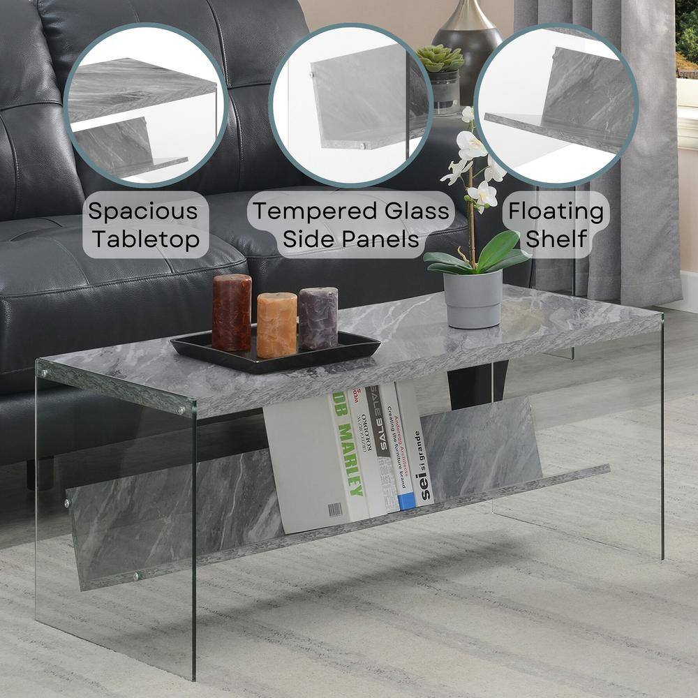 Sleek Soho 40" Gray Faux Marble Wood Coffee Table with Glass Sides