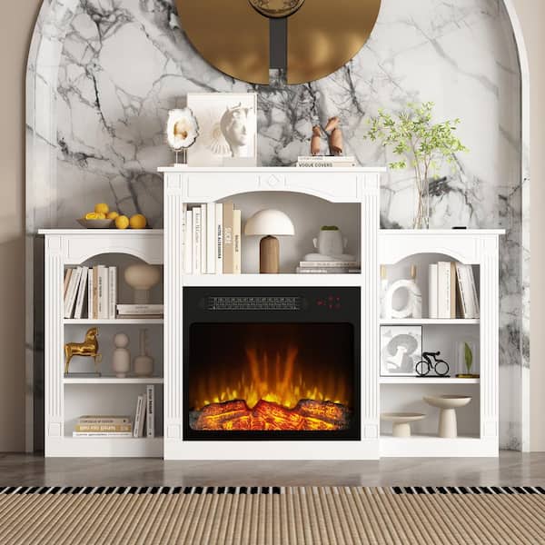 White TV Stand Entertainment Center Fits TV's up to 60 in. W with Electric Fireplace and 7 Open Shelves