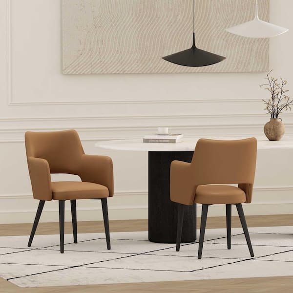Manhattan Comfort Tremont Modern Saddle Faux Leather Dining Arm Chair with Metal Legs (Set of 2)