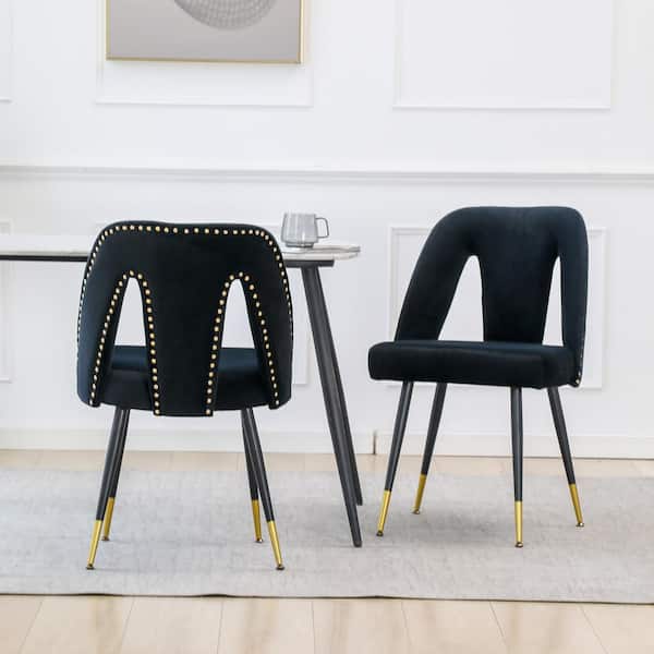 Unbranded Modern Black Velvet Upholstered Dining Chair with Nailheads and Metal Legs (Set of 2)