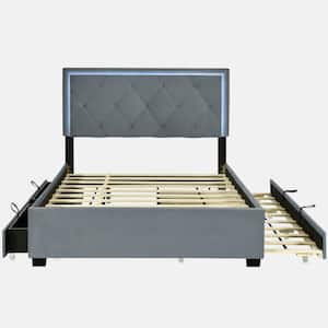 Gray Wood Frame Full Size Velvet Storage Platform Bed, with 2-Big Drawers, T Size Trundle, and LED Light