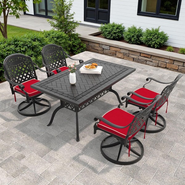 Isabella 5-Piece Cast Aluminum Patio Outdoor Dining Set with Rectangular Dining Table,4 Swivel Chairs and 4 Red Cushions