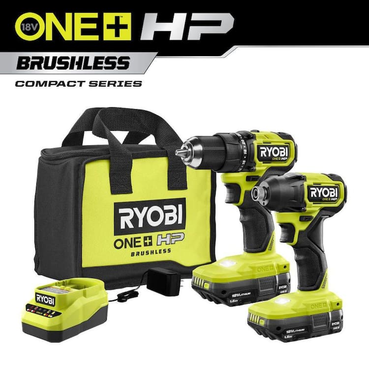 RYOBI ONE+ HP 18V Brushless Cordless Compact 1/2 in. Drill and Impact Driver Kit with (2) 1.5 Ah Batteries, Charger, and Bag