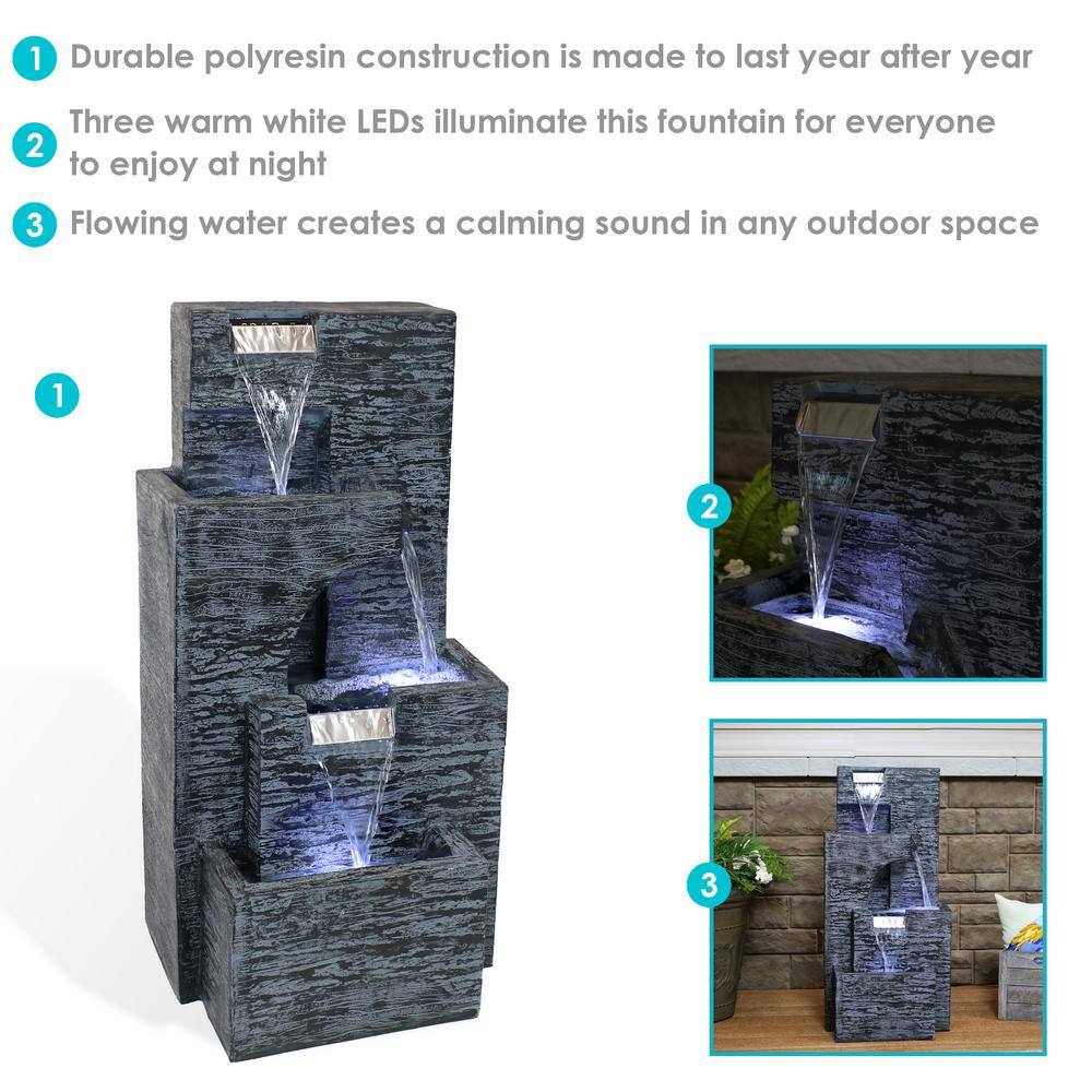 32-Inch Gray Polyresin Cascading Tower Outdoor Water Fountain with LED Lights