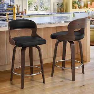 Edwards 26 in.Modern Black Faux Leather Swivel Bar Stool with Solid Walnut Wood Frame Bentwood Counter Stool Set of 2