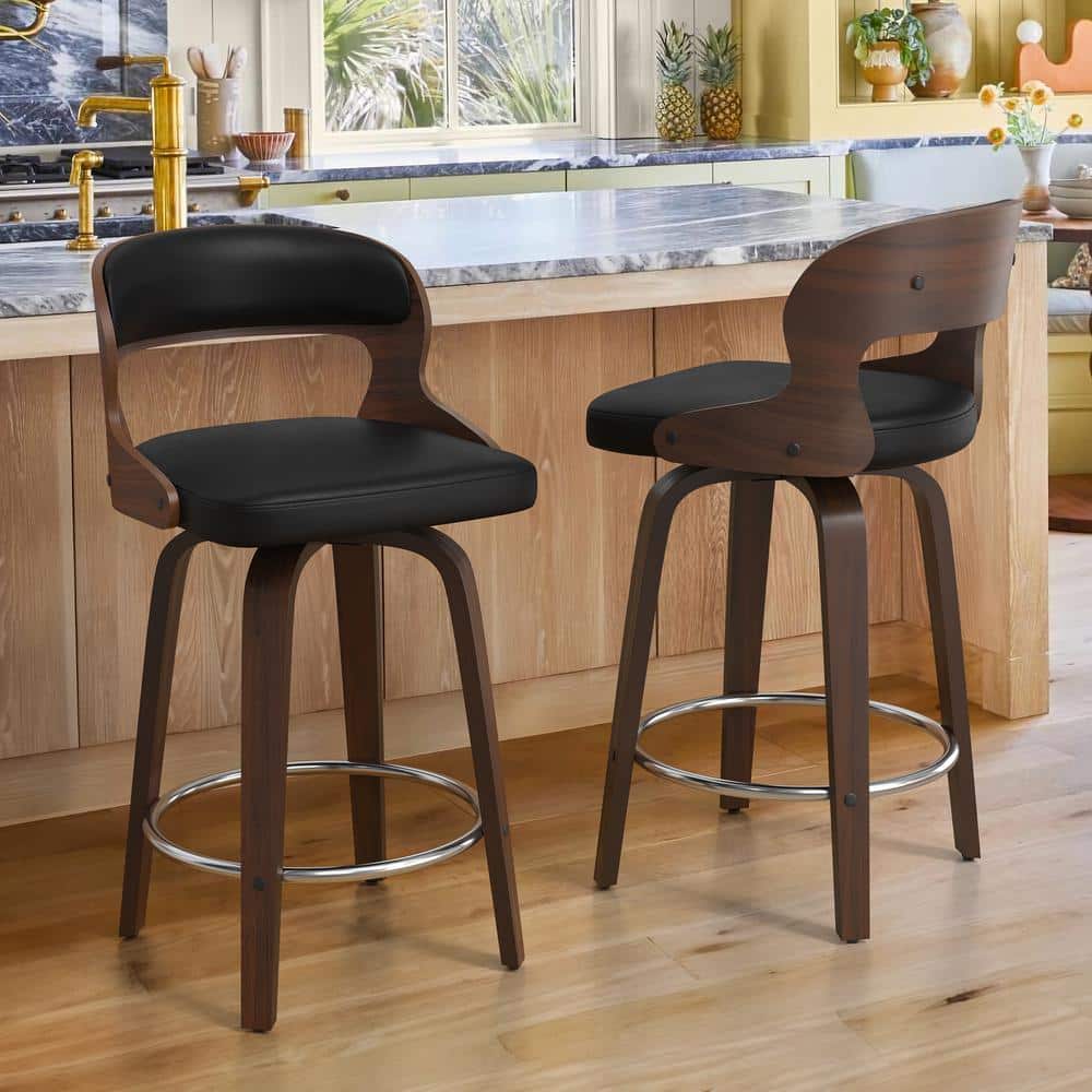 Edwards 26 in.Modern Black Faux Leather Swivel Bar Stool with Solid Walnut Wood Frame Bentwood Counter Stool Set of 2 price history on PriceWatchPro