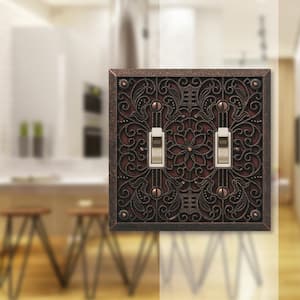 Filigree 2 Gang Toggle Metal Wall Plate - Aged Bronze