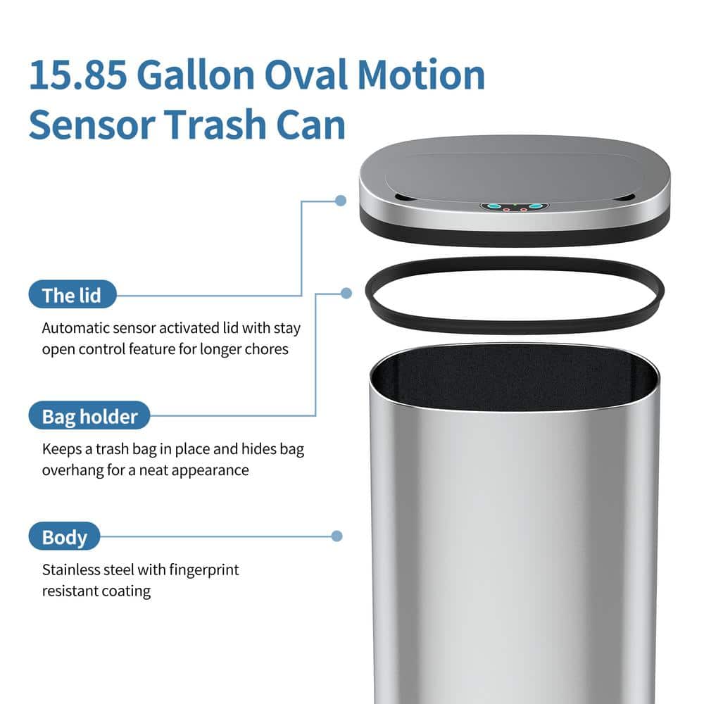 Innovaze 15.85 Gallon Silver Stainless Steel Motion Sensor Trash Can
