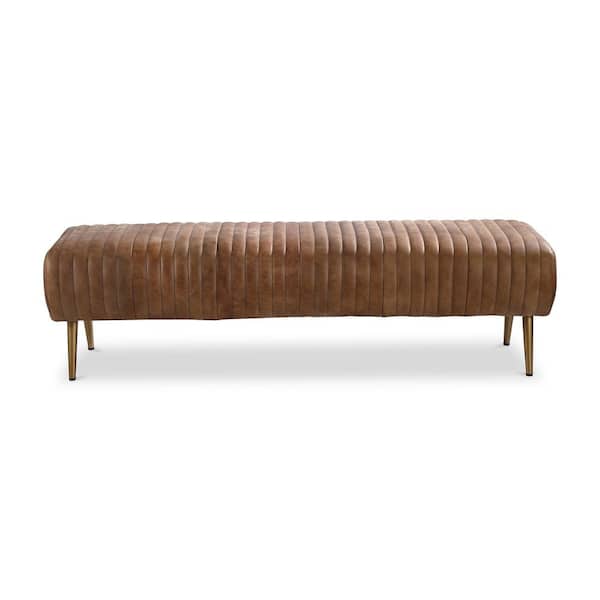 Skylar Cappuccino 59 in. Leather Bench with Matte Brass Iron Legs