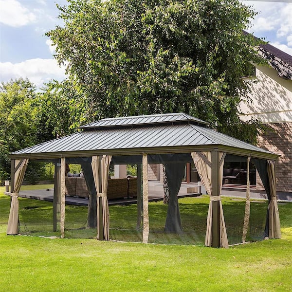 Clihome 12 ft. x 20 ft. Hardtop Gazebo, Outdoor Aluminum Frame Canopy with Galvanized Steel Double Roof(Brown)