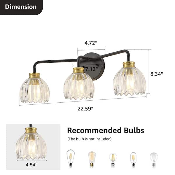 TinHon 23 in. 3-Light Black and Gold Bathroom Vanity Light with