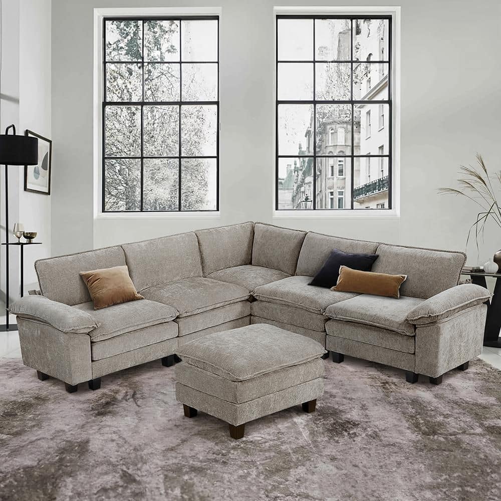 Bennett 110.5 in. W Pillow Top Arm 6-Piece Chenille Modular Sectional Sofa with Ottoman in Dark Pewter