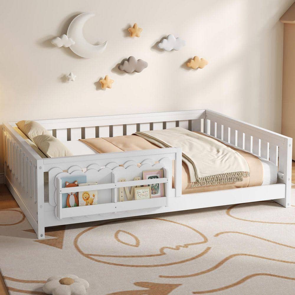 White Wood Frame Full Platform Bed with Guardrail and Storage Shelves