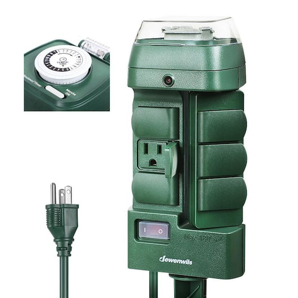 Outdoor Mechanical Power Stake Timer, Waterproof, 6 Grounded Outlets(Three 180°Rotatable), 6 ft. Extension Cord