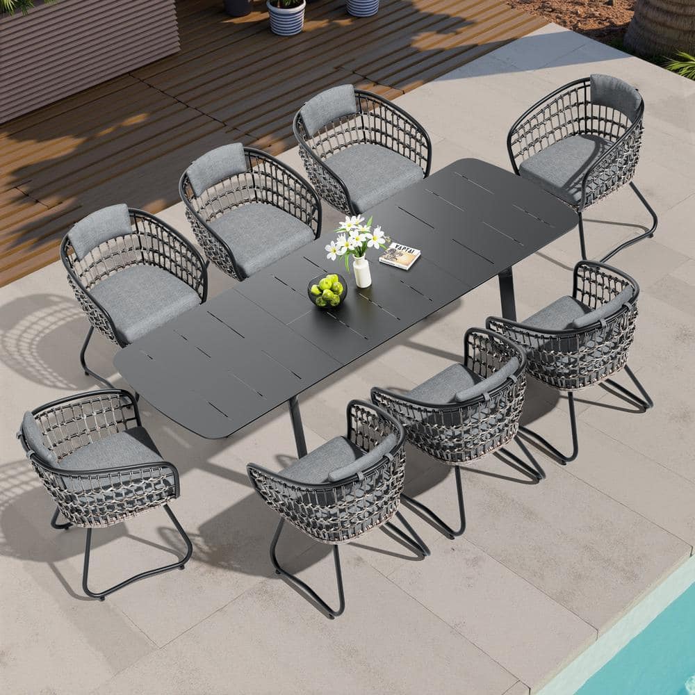 9-Piece Metal 94.5 in. Outdoor Dining Set Aluminum Extendable Table and 8 PE Wicker Chairs with Gray Cushions price history on PriceWatchPro