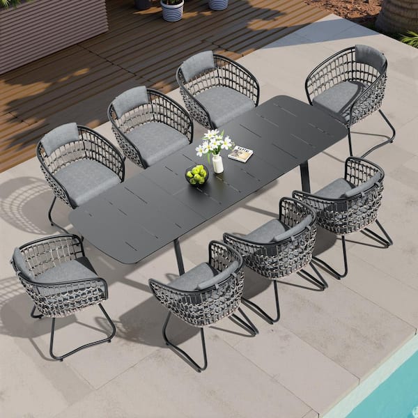Crestlive Products 9-Piece Metal 94.5 in. Outdoor Dining Set Aluminum Extendable Table and 8 PE Wicker Chairs with Gray Cushions