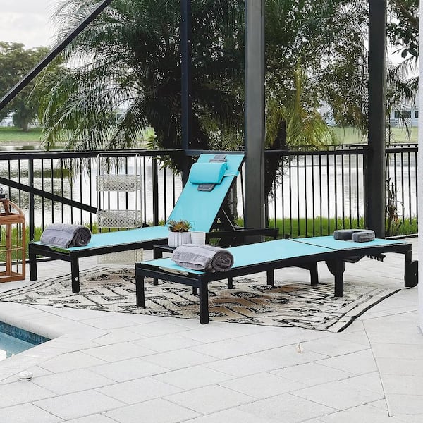 3-Pieces Aluminum Outdoor Patio Metal Lounge Chair Set with Face Down Hole Chairs Wheels Pillows and Table, Blue