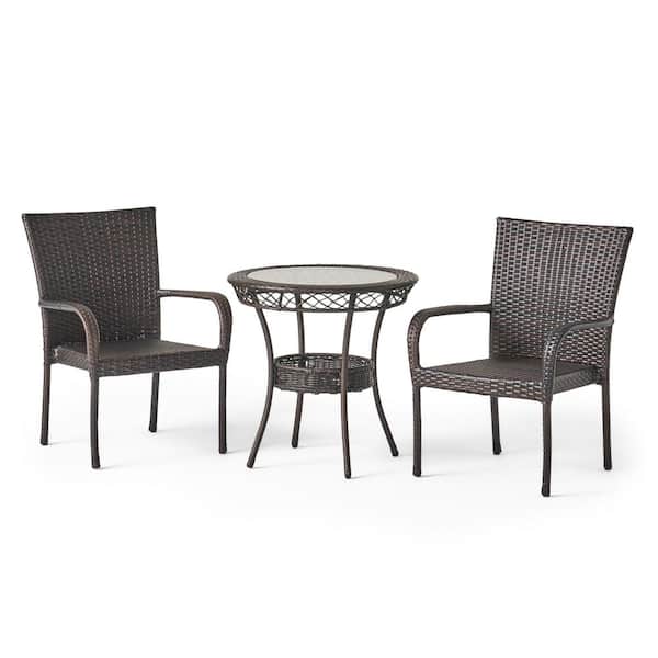 Noble House Littleton Multi-Brown 3-Piece Faux Rattan Outdoor Patio Bistro Set