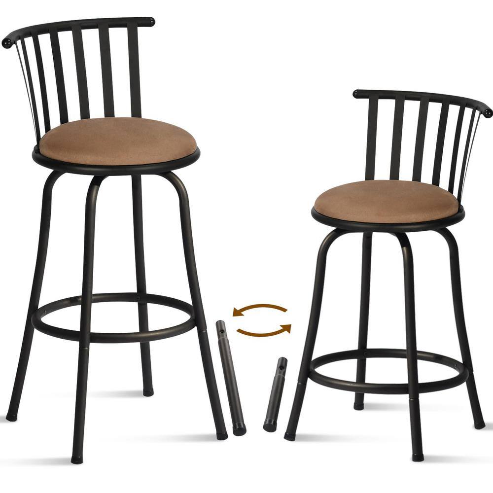 Adjustable Black Metal Swivel Barstools with Beige Suede Seats, Set of 2