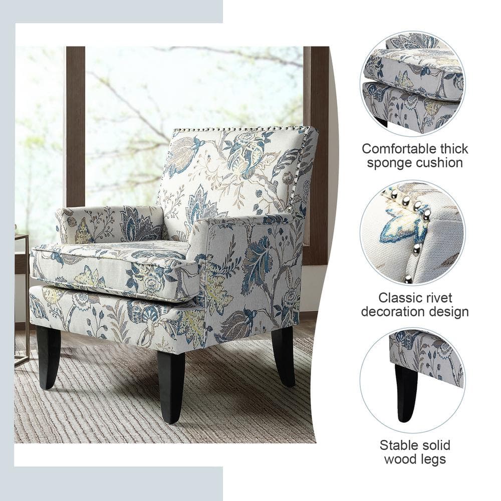 Blue and Yellow Floral Armchair with Nailhead Trim