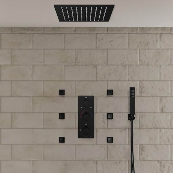Full Spectrum LED 12 in. Triple Handle 5-Spray Ceiling Mount Shower Faucet 2.5 GPM with Body Spray in Matte Black
