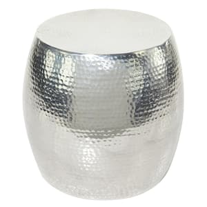 14 in. Silver Drum Shaped Medium Round Aluminum End Accent Table with Hammered Design