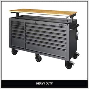 Tool Storage 62 in. W Heavy Duty Matte Black Mobile Workbench Cabinet with Adjustable Height Wood Top