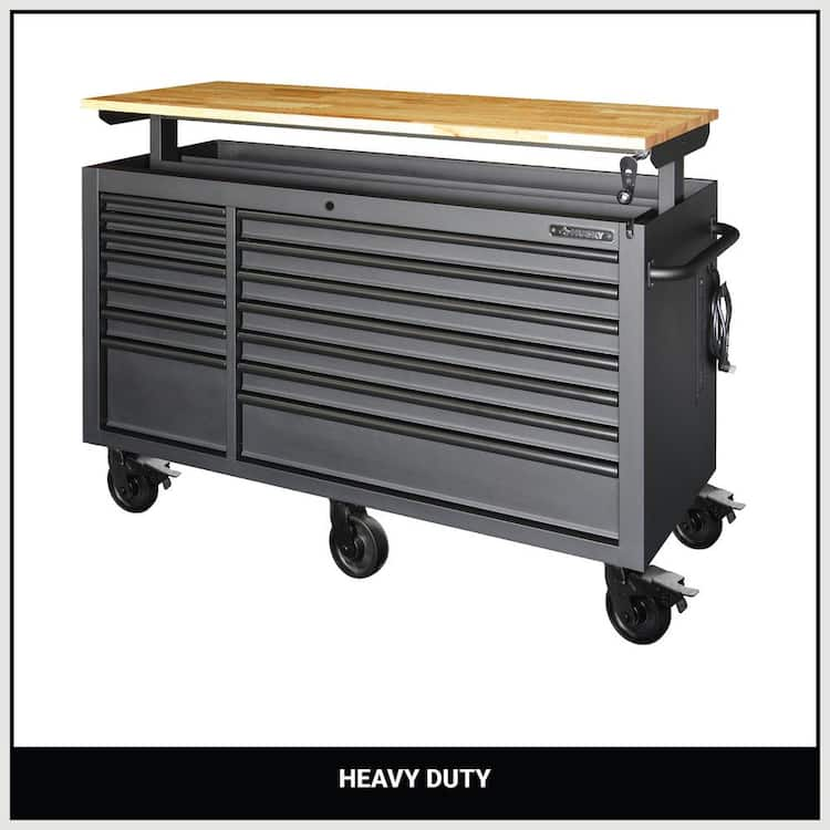 Husky Tool Storage 62 in. W Heavy Duty Matte Black Mobile Workbench Cabinet with Adjustable Height Wood Top