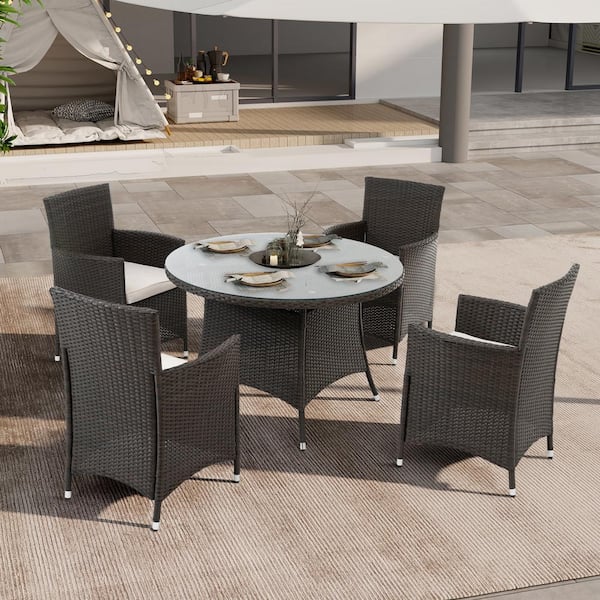 Unbranded Brown 5-Piece All-Weather Wicker Outdoor Dining Set with Beige Cushion and Tempered Glass Tabletop