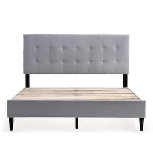 Mary Gray Stone Wood Frame King Platform Bed with Square Tufted Headboard