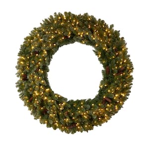 60 in. Prelit LED Flocked Artificial Christmas Wreath with Pinecones, 300 Clear LED Lights