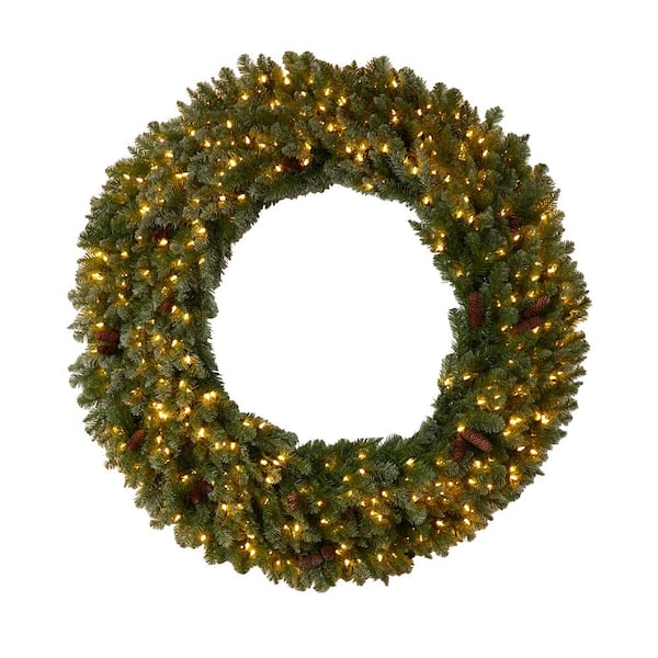 Nearly Natural 60 in. Prelit LED Flocked Artificial Christmas Wreath with Pinecones, 300 Clear LED Lights