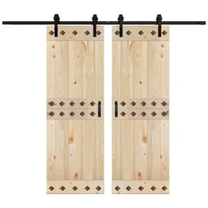 Mid-Century Style 60 in. x 84 in. Unfinish DIY Knotty Pine Wood Double Sliding Barn Door with Hardware Kit