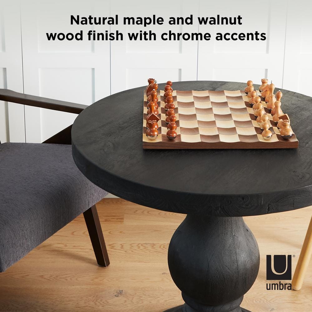 Modern Walnut and Maple Wobble Chess Set with Chrome Accents