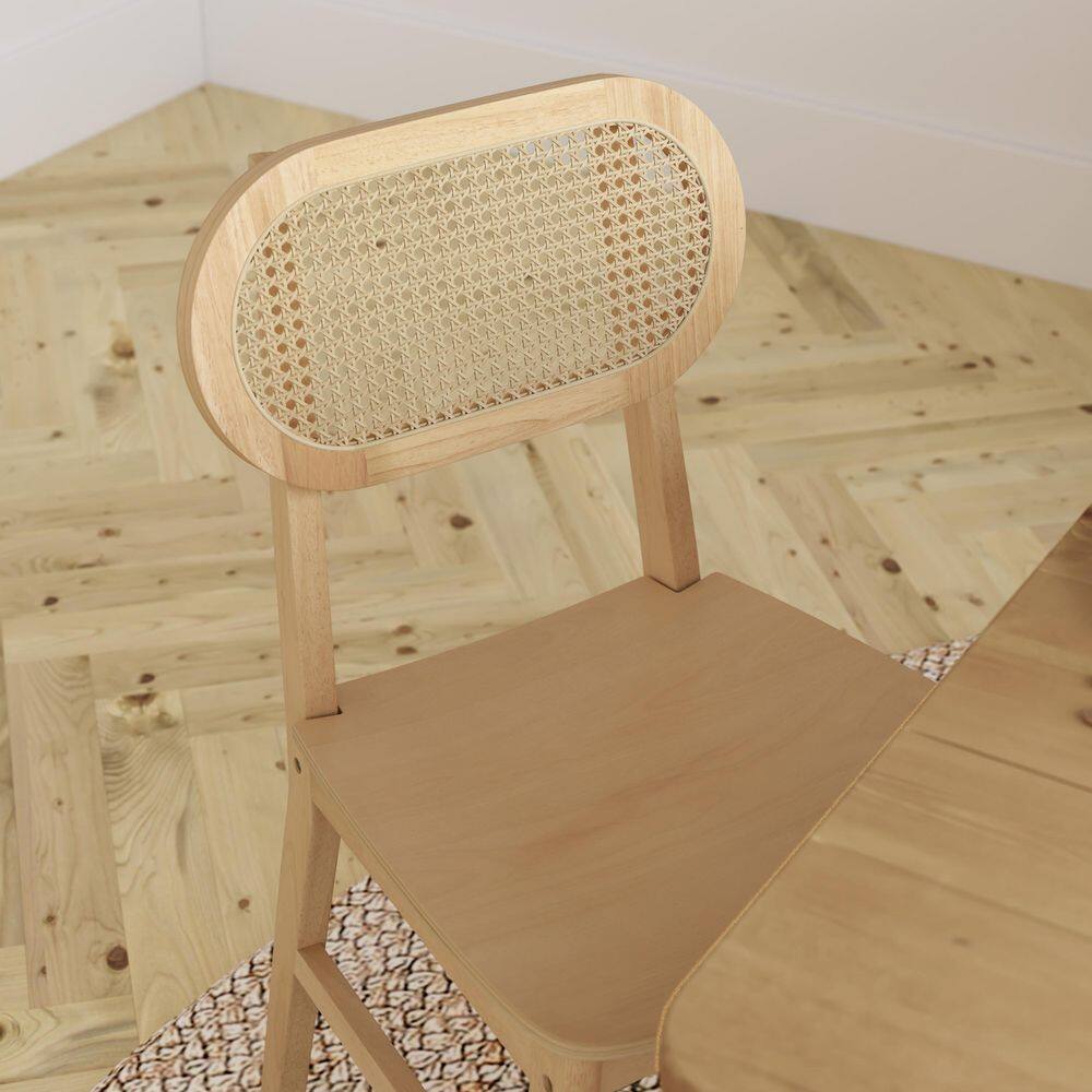 Natural Wood and Cane High Back Dining Chairs, Set of 2