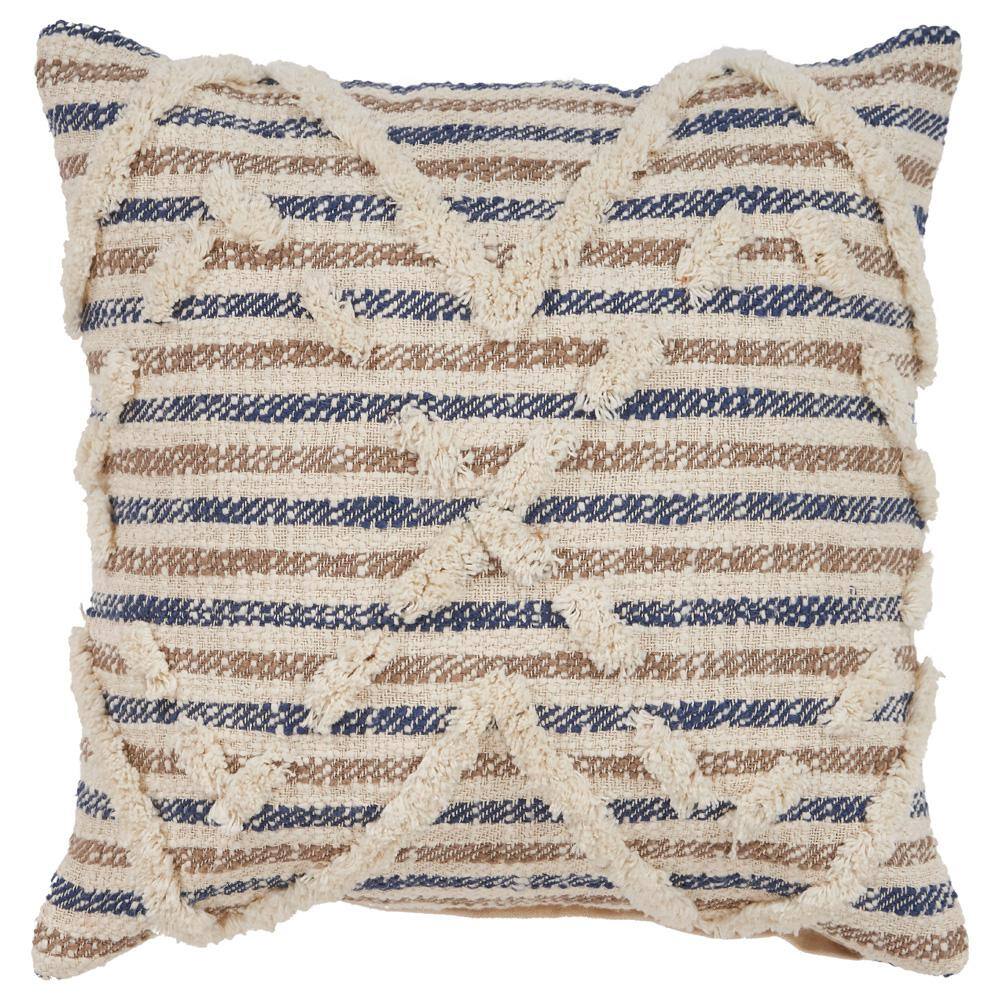 Ox Bay Textured Striped Blue and Beige Cotton Throw Pillow, 18" x 18"