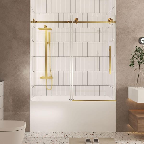 56-60 in. W x 60 in. H Sliding Tub Door in Brushed Gold with 1/4 in. (6 mm) Clear Tempered Glass, Explosion Proof Film